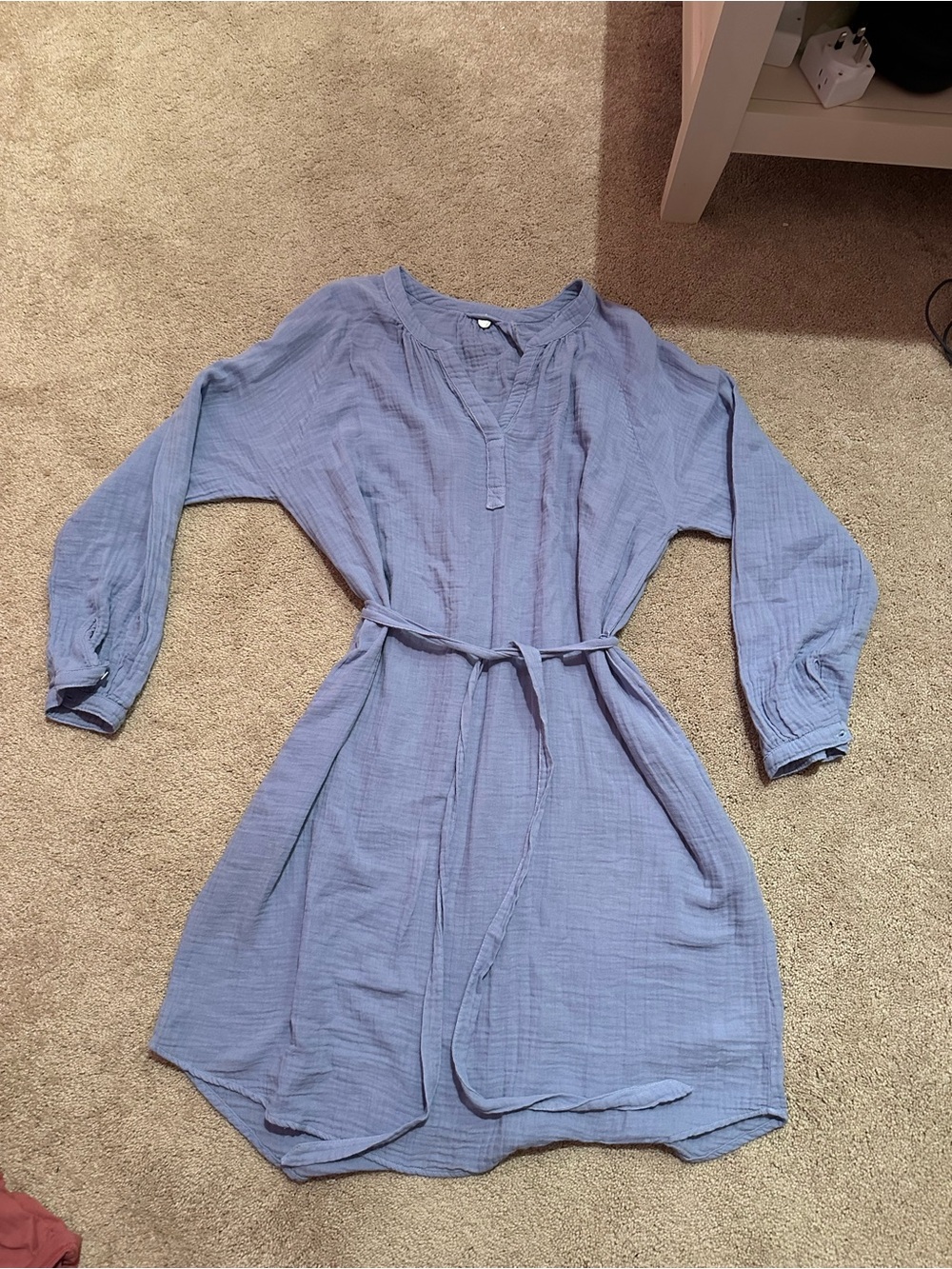 Margaret O'Leary Dusty Blue Long Sleeve Gauze Tie-Waist Dress